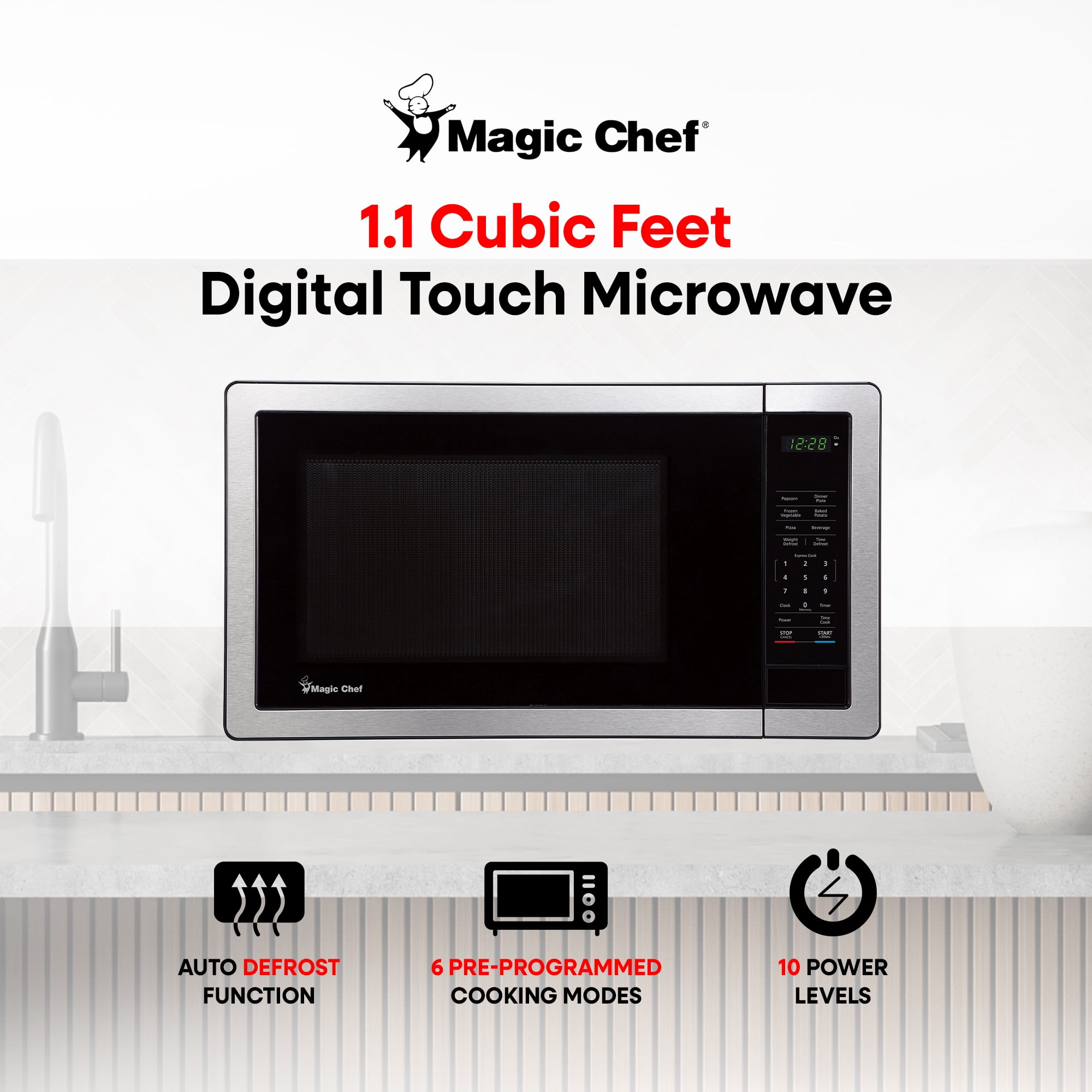 Magic Chef MC110MST Countertop Microwave Oven, 1,000 Watts, Stainless Steel