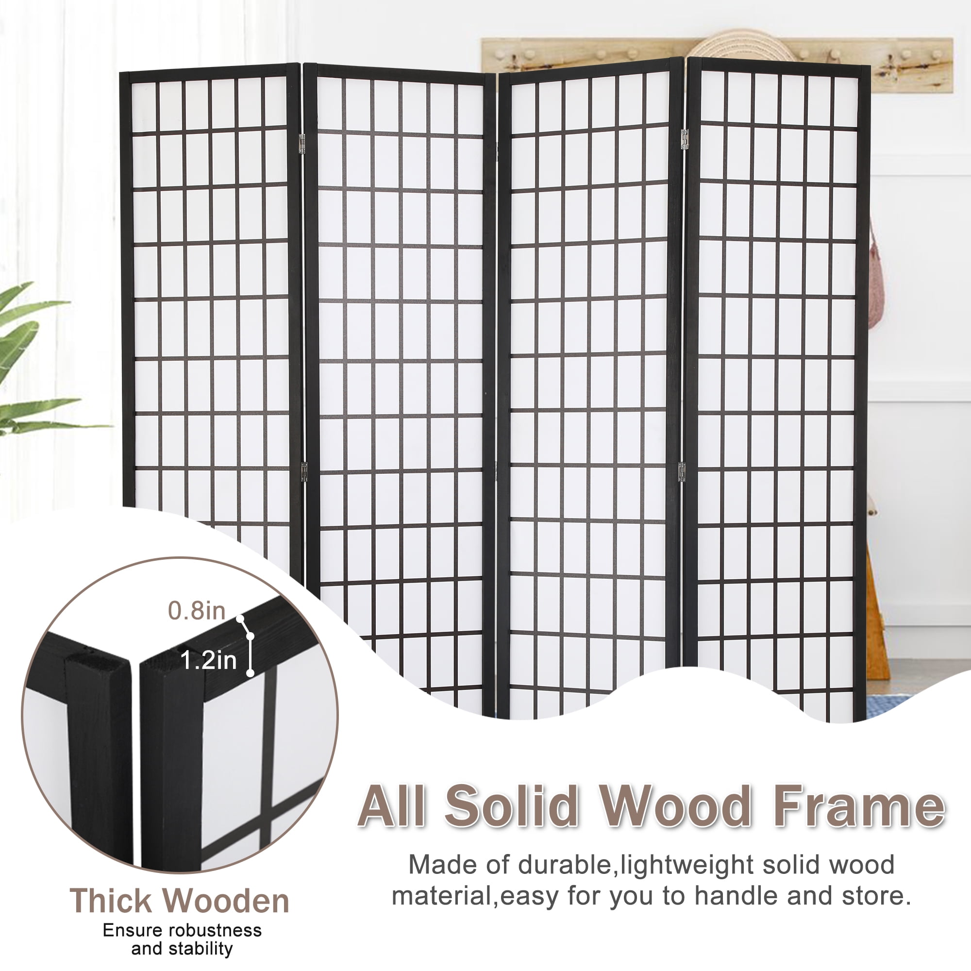 YRLLENSDAN Room Divider 4 Panel Oriental Shoji Screen 6Ft Folding Privacy Divider Wall Divider Portable Freestanding Partition Screen Japanese-Inspired Wood Divider ,White