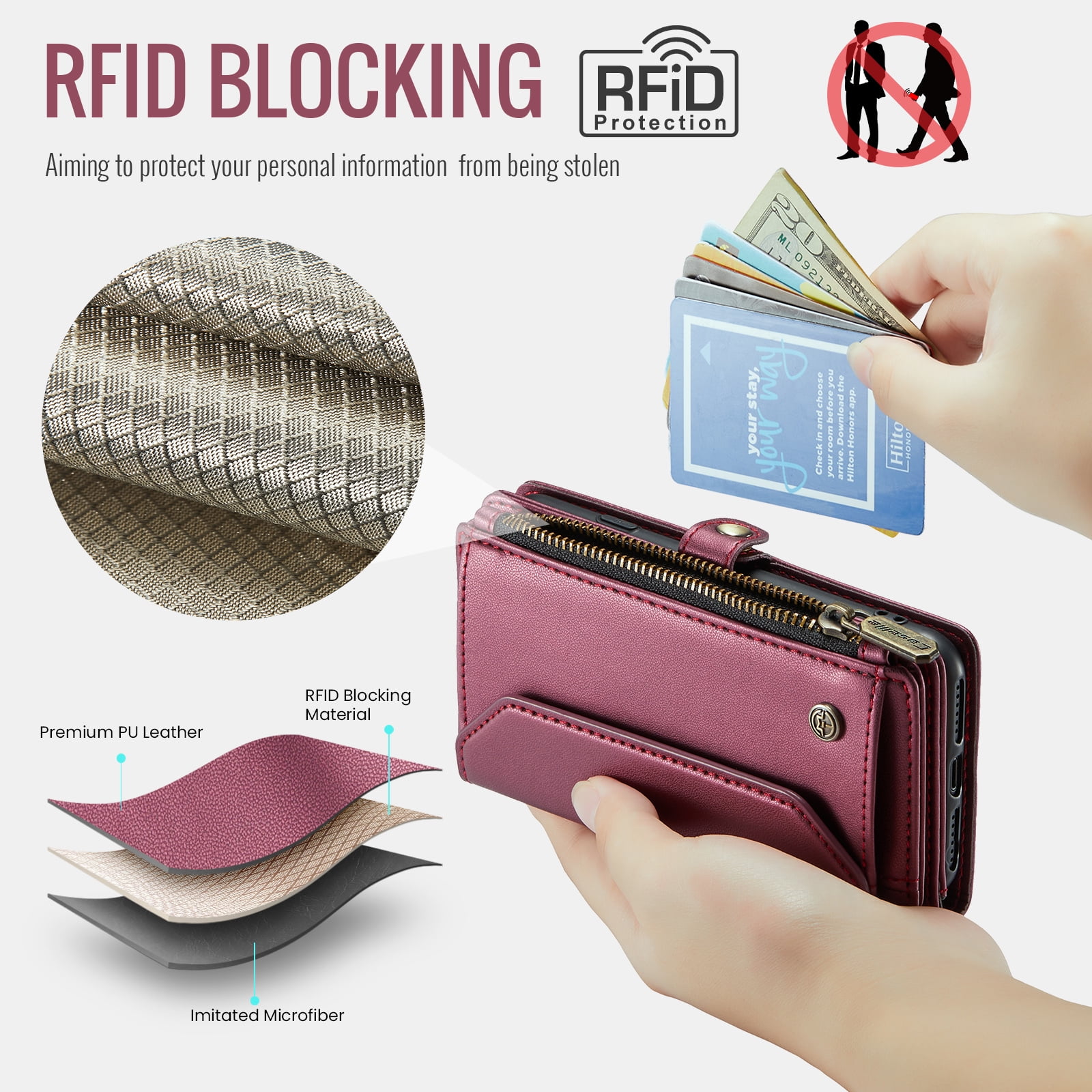 for iPhone 11 Full Body Protection Wallet Folio Flip Case, Shoulder Strap & Wristlet Card Slots Zipper Pocket RFID Blocking Rugged Durable PU Leather Phone Case Cover, Winered