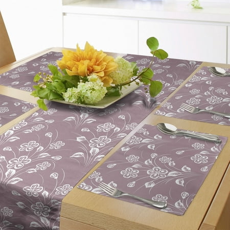 

Natural Table Runner & Placemats Floral Theme Abstract Flowers and Leaves Pattern in Monochrome Design Set for Dining Table Placemat 4 pcs + Runner 12 x90 Pale Purple and White by Ambesonne
