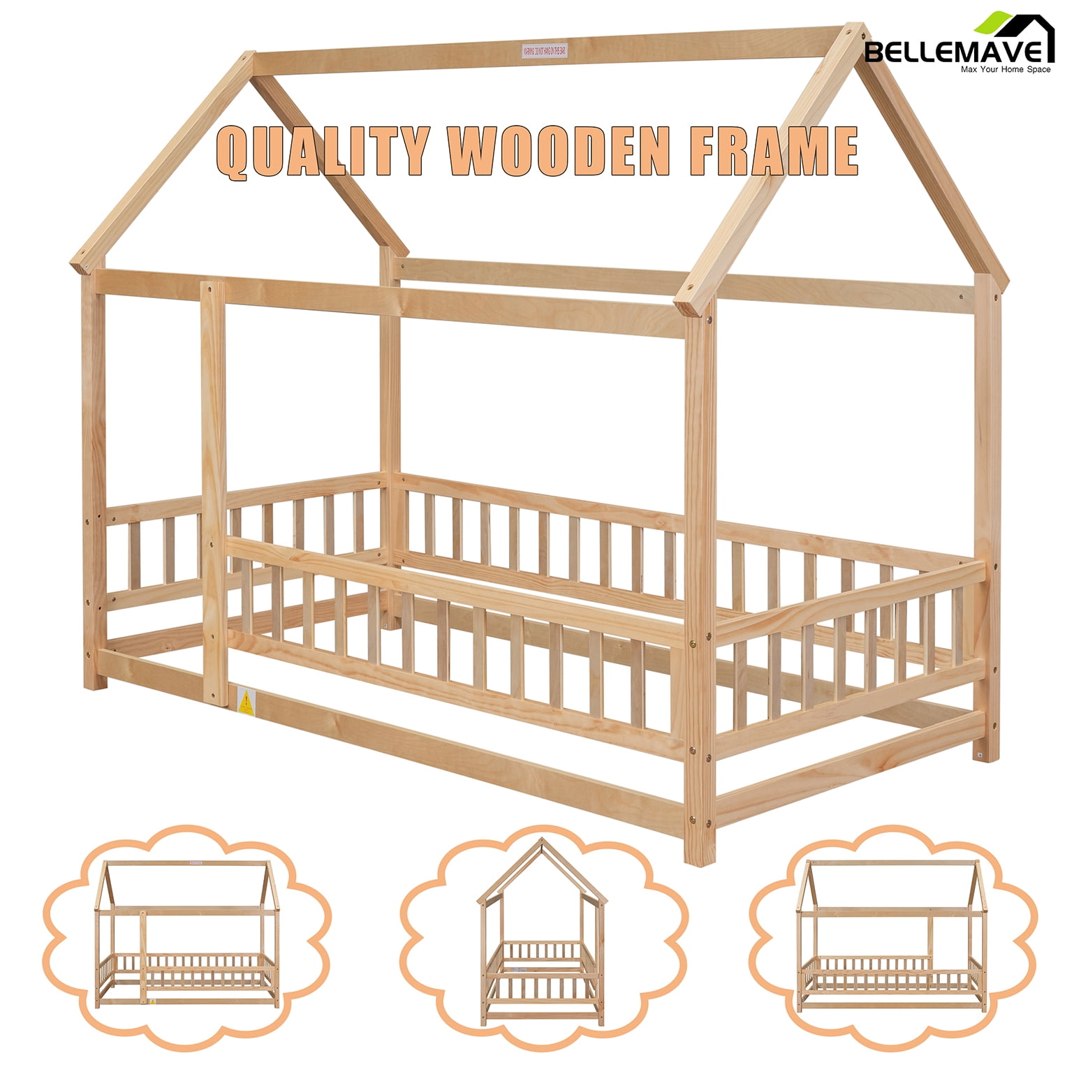 Bellemave Full Floor Bed, Wood Full Size House Bed Frame with Fence, Montessori Floor Bed for Bedroom（Natural)