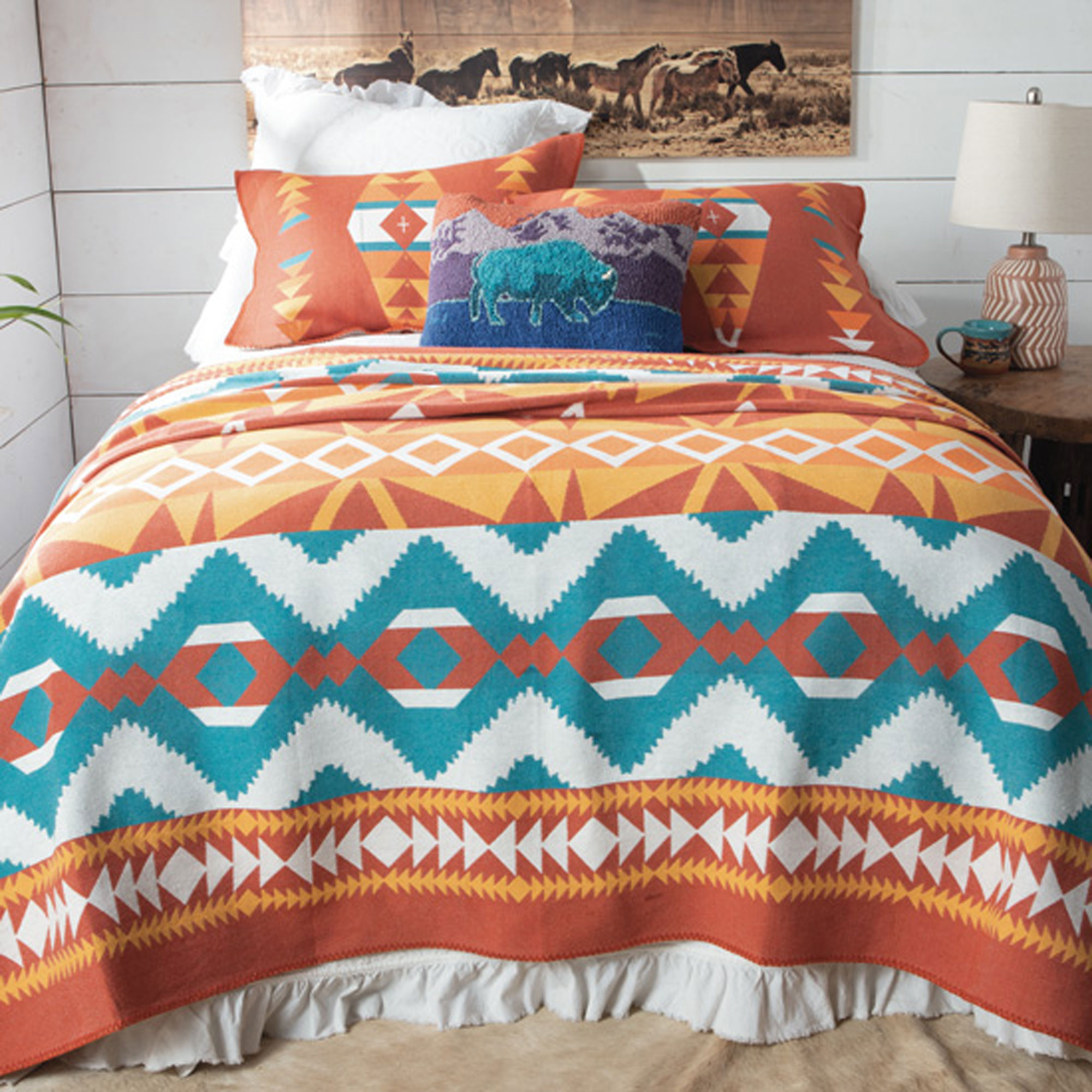 Southwest Orange, Turquoise, White and Yellow Cotton Blanket Size King