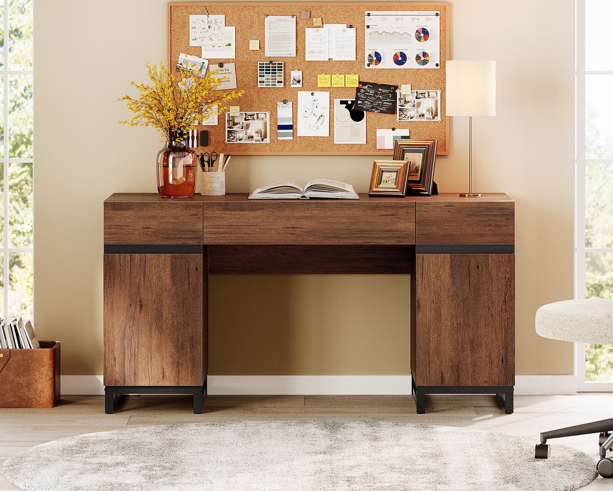 WAMPAT Home Office Furniture Set: 59in Modern Executive Desk with Charging Station and Drawers and Three 72in Tall Bookcases, Home Office Furniture for Living Room, Bedroom, Brown