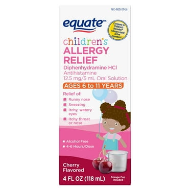 Equate Children's Diphenhydramine Allergy Relief Oral Solution, 12.5 mg, Cherry Flavor, Ages 6 to 11 Years, 4 fl oz, Compare to Children's Benadryl® Allergy Active Ingredient