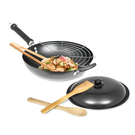 

Non Stick Fire Wok Set With Stainless Steel Grill Utensils and Lid 12 inch