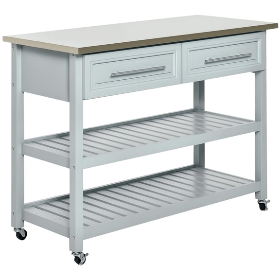 Kitchen Island with Stainless Steel Top, Traditional Kitchen Island with Storage, Butcher Block Cart 2-Tier Open Shelves, Drawers, Light Gray