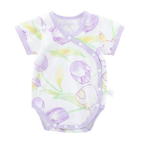 Zwiiyzr 0-2T Unisex Cotton Cute Infant Romper One-Piece Baby Bodysuit Newborn Button Front Short Sleeve Infant Neutral Outfits Purple