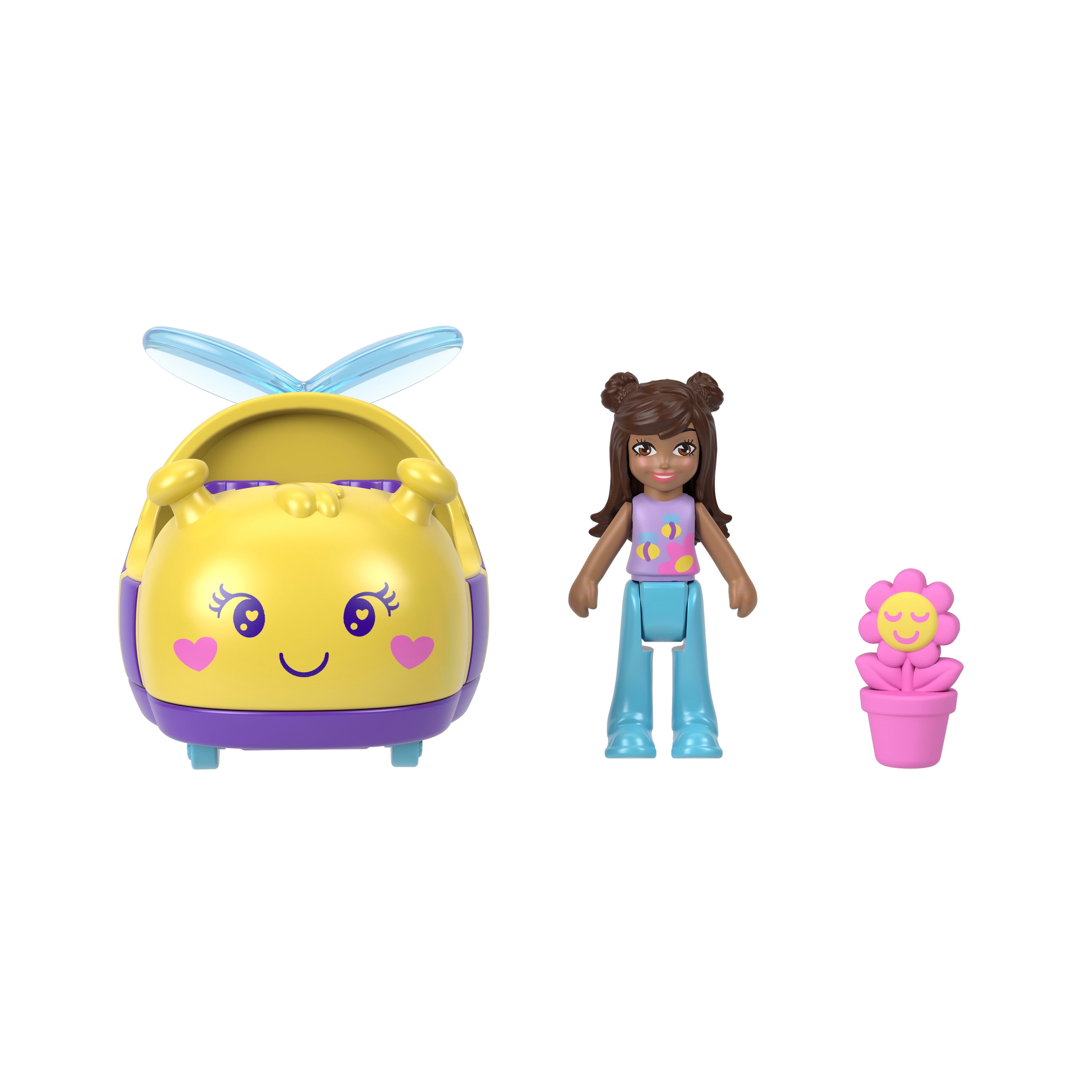 Polly Pocket Bumblebee Vehicle Set, Micro Doll with Themed Die-cast Car & Flower Figure