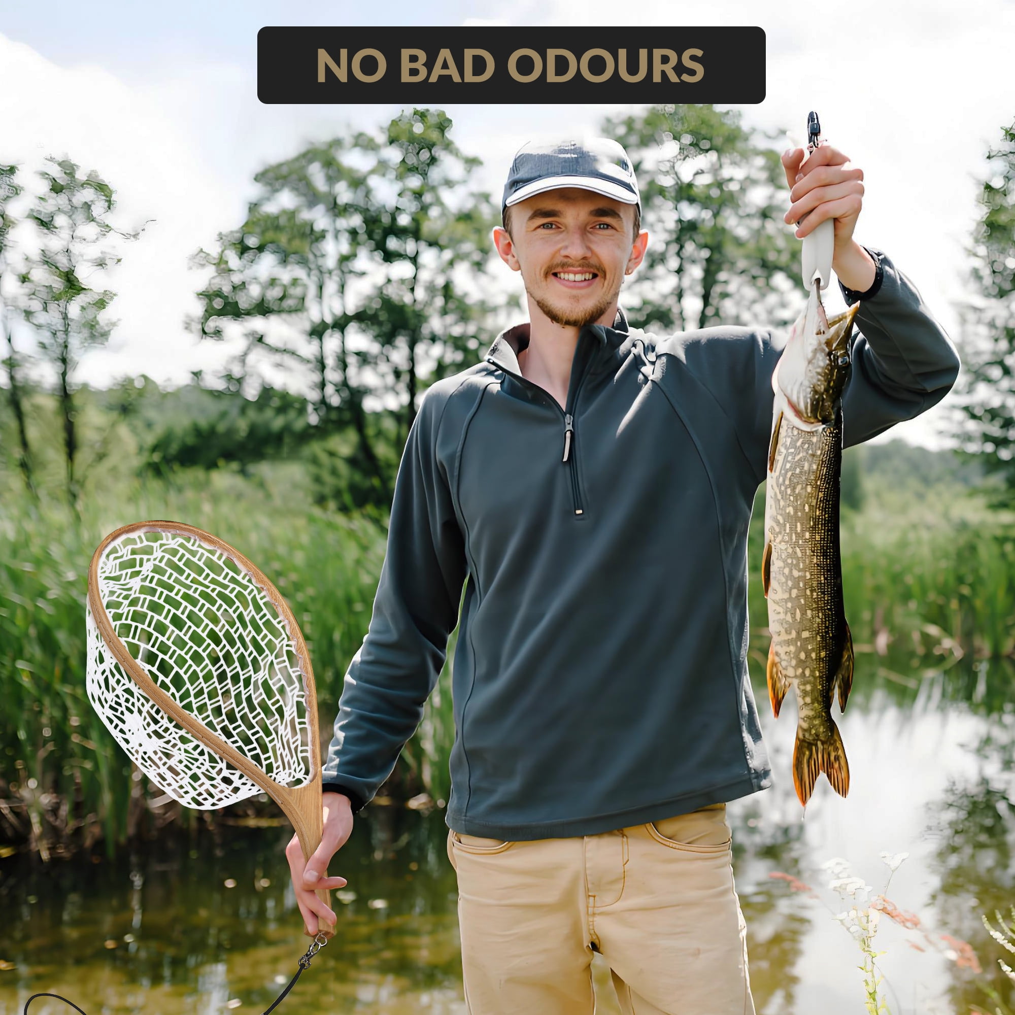 Fly Fishing Net Trout Net, Wooden Frame Landing Net with Soft Rubber Mesh for Catch and Release (Clear Small Holes)