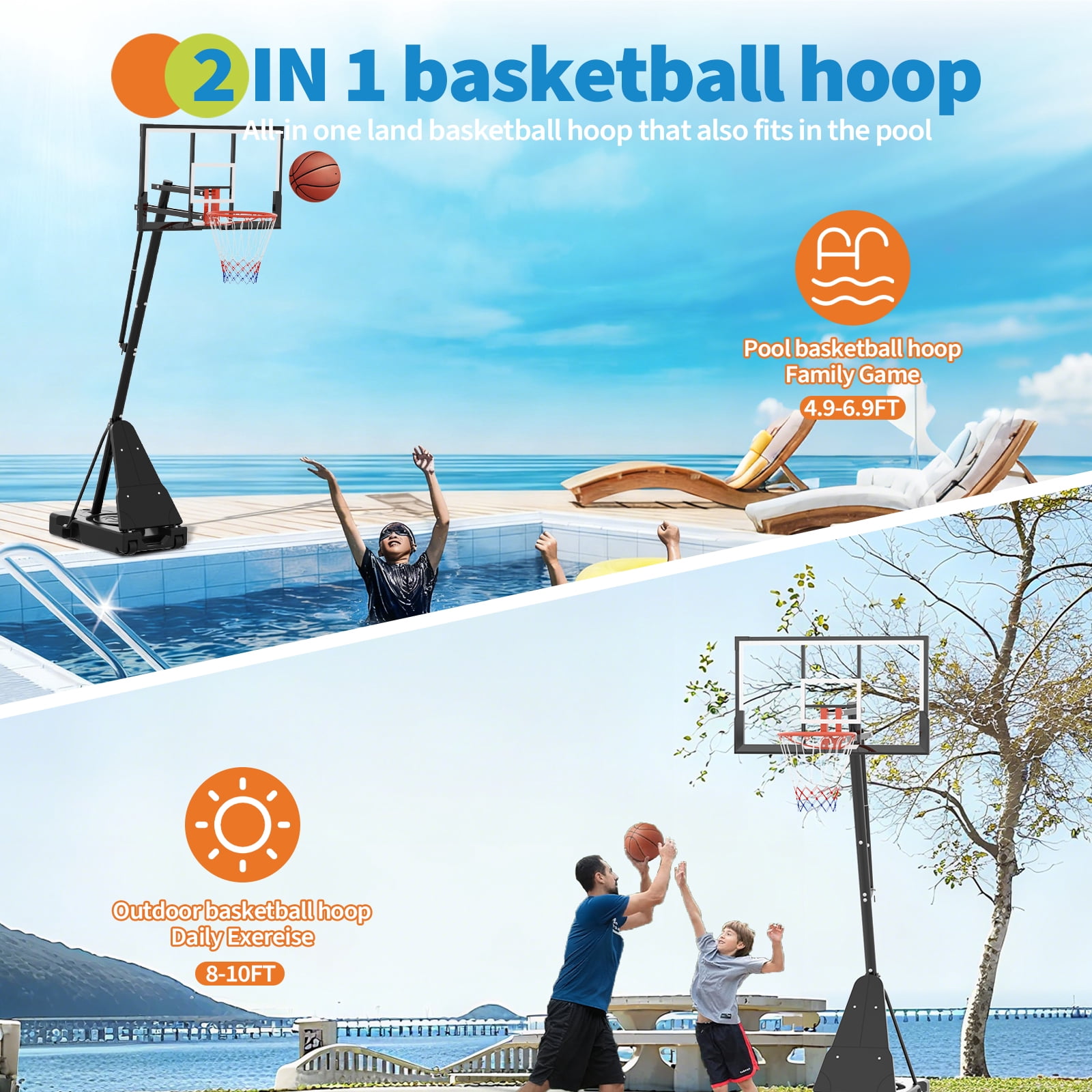 Basketball Hoop 52 Inch Shatterproof PC Backboard, Height Adjustable 4.9-10FT Portable Goal System with Weighted Base & Wheels, Mobile Stand for Driveway, Backyard, Pool Play – Youth & Adults