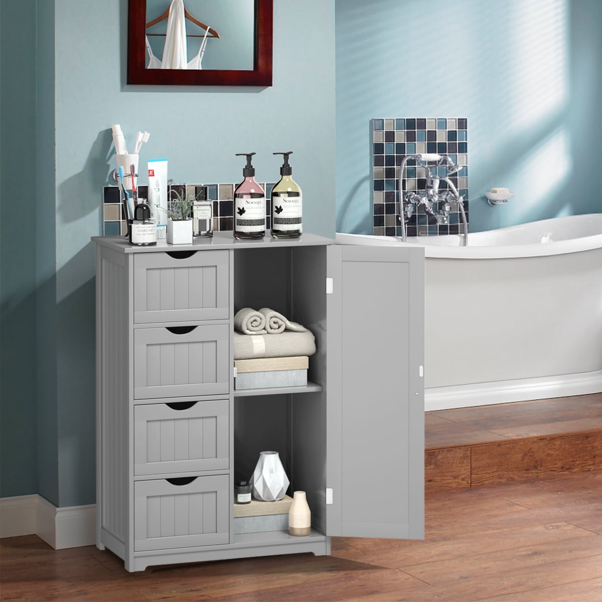 Giantex Bathroom Floor Cabinet Wooden with 1 Door & 4 Drawer, Free Standing Wooden Entryway Cupboard Spacesaver Storage Cabinet (Gray)