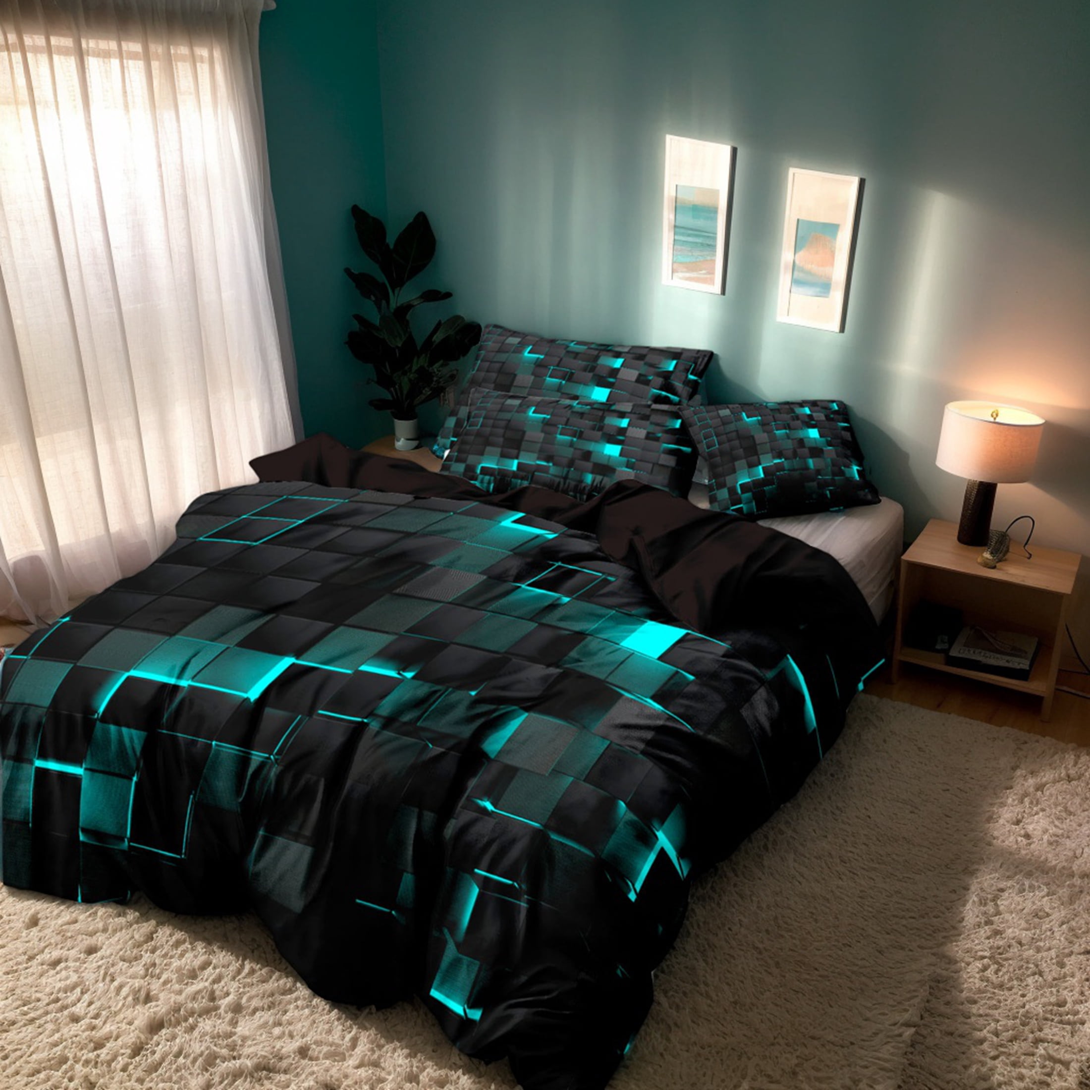 Orylavena 3D Lake Blue Geometric Microfiber Duvet Cover Set, Reversible, King