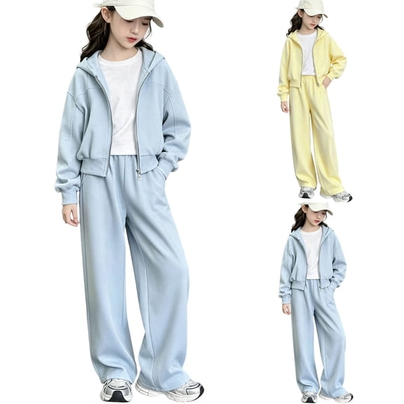 Miluxas Girls 2 Piece Cropped Hooded Tracksuit, Full Zip Raglan Sweat Jacket & Wide Leg Sweatpants, Soft Solid Sweatsuit Yellow 14-15Years