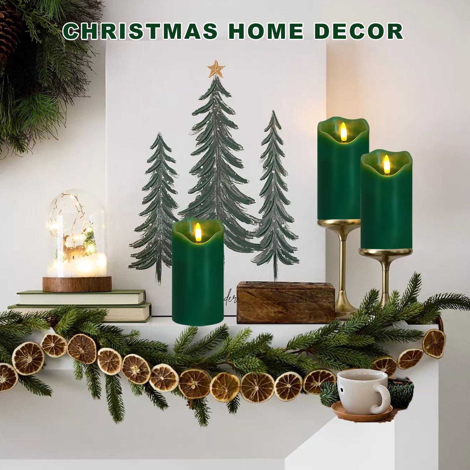 Flameless Candles Light, Set of 2 6"x3" Flickering Christmas Flameless Candles with Remote & Timer, Dimmable Real Wax Pillar Candles Battery Operated, Green Candles for Home Xmas Decor