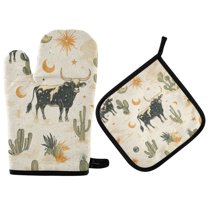 Yayeee Oven Mitts and Pot Holder Set of 2 Heat Resistant Kitchen Gloves Baking Hot Pad, Cowboy Pattern