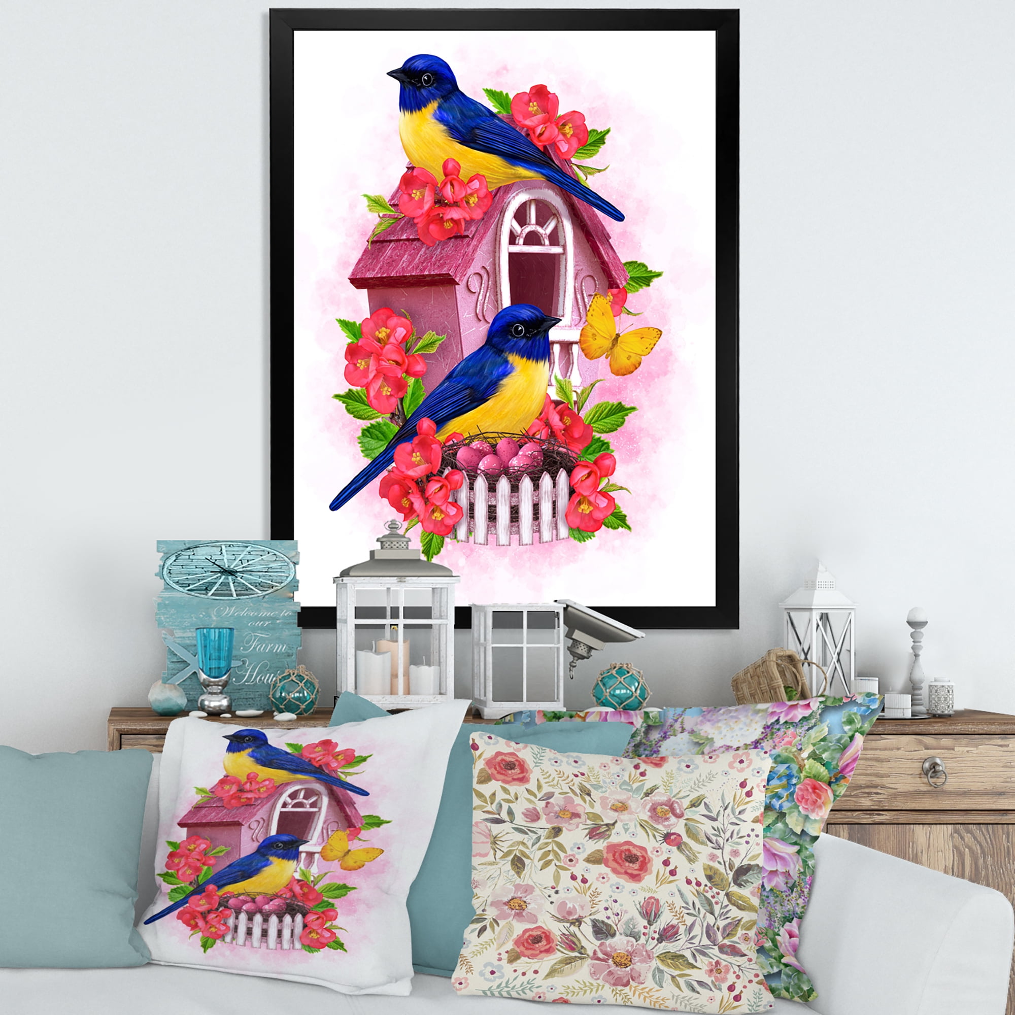 Designart 'Two Yellow and Blue Tit Birds Sitting Near The Nest' Traditional Framed Art Print