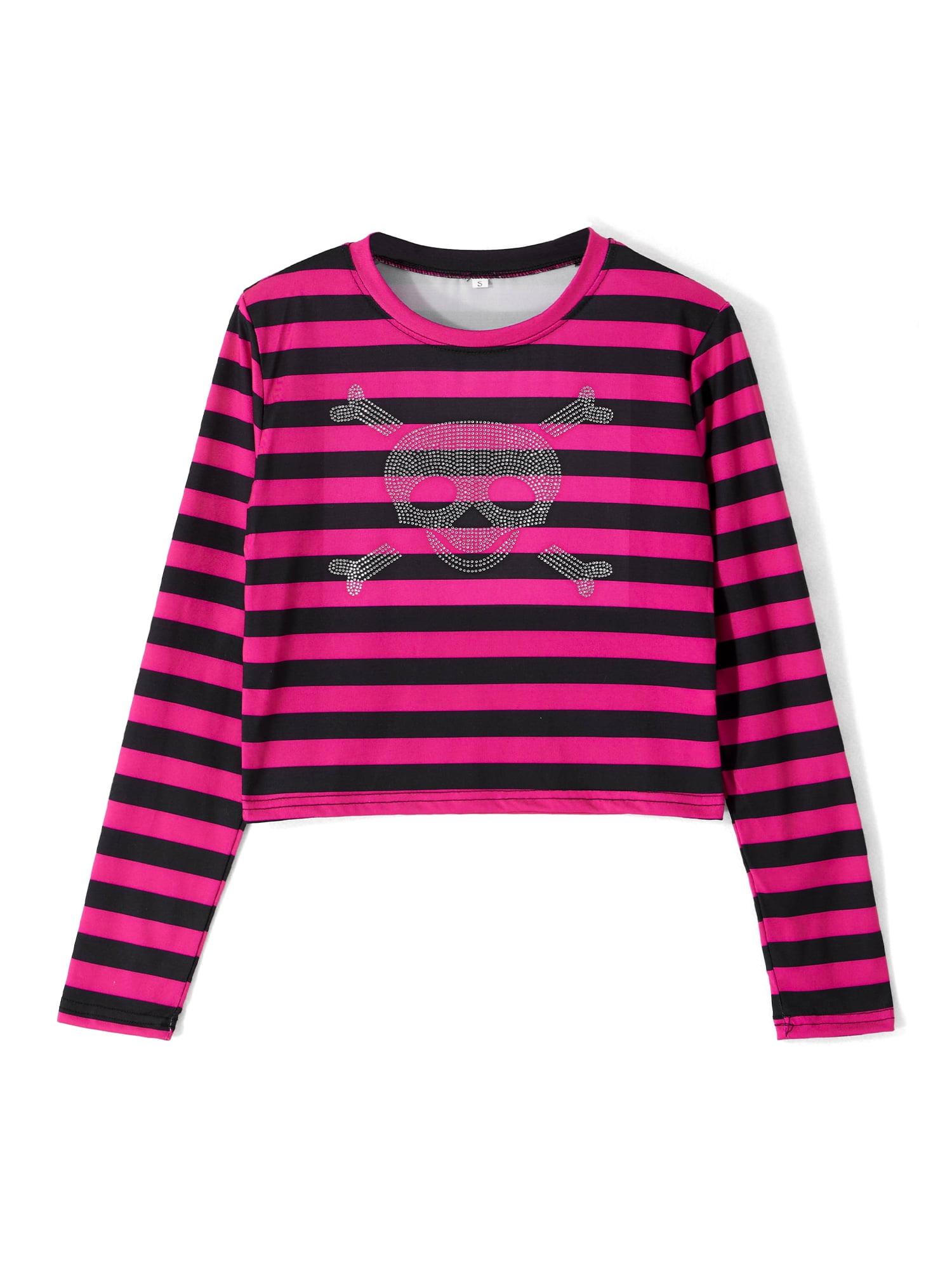 Sunisery Women Vintage Round Rhinestone Pink T-shirt Sleeve Long Streetwear Printed Tops L Stripe Neck Fall Skull Crop
