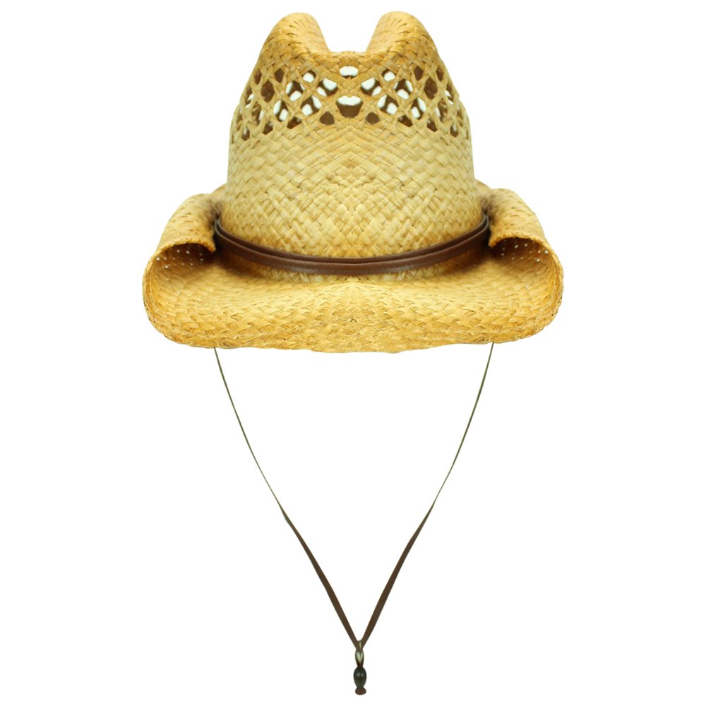 Vented Rocker Style Bended Brim Distressed Straw Cowboy Hat With Chin