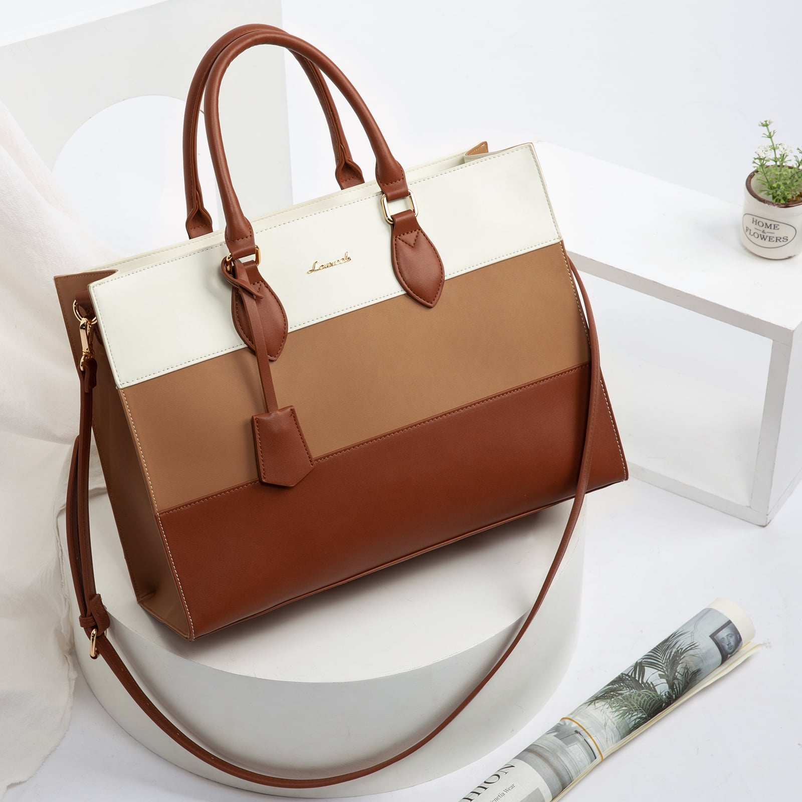 Lovevook Vintage Handbag Purses, Large Laptop Tote Bag for Women Fit 15.6 Inch Laptop, Tote Bag, Waterproof Pu Leather Work Bags for Elegance Ladies