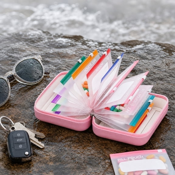 Pill Organizer Pouch Set, 14 Day Pill Organizer, Pill Pouches for Travel, Day and Night Pill Organizer, Purple 6X4.5X2.5 in Waterproof Storage Bag with Zipper Pockets for Pills,