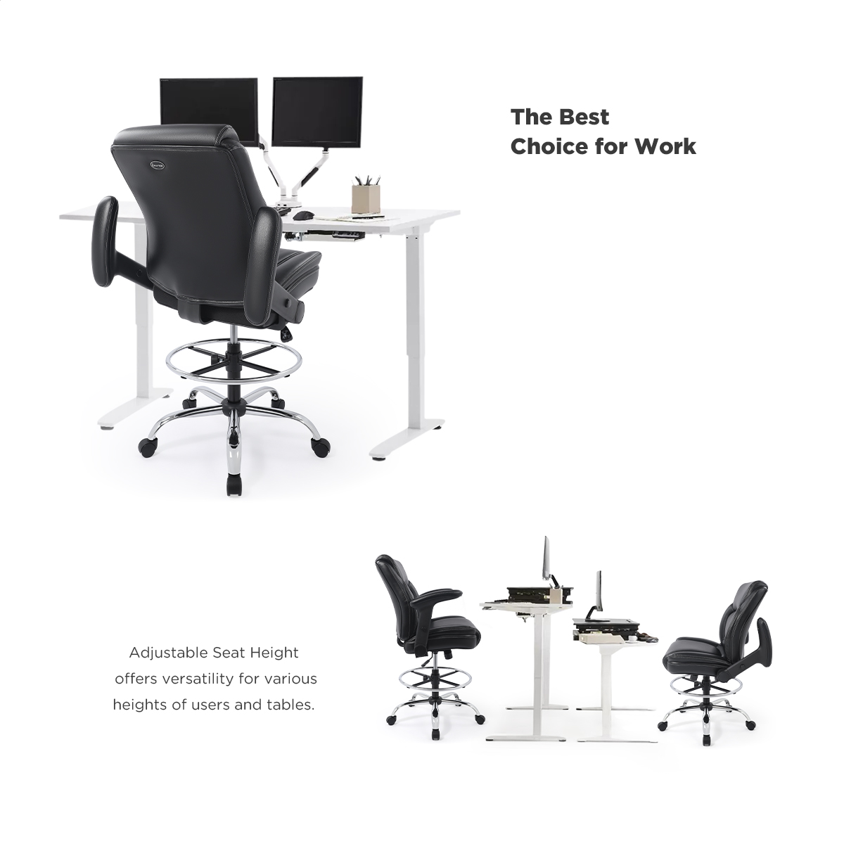 CHAIRMAN® Ergonomic Mid-Back Bonded Leather Adjustable Drafting Chair with Multi-Function Arms and Foot Ring, Standing-Desk Matched Tall Swivel Computer Office Stool, Black