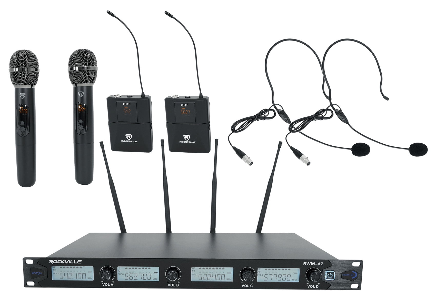 Rockville RWM4Z Quad Wireless UHF Handheld/Headset Microphone System