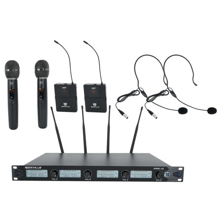 Rockville RWM-4Z Quad Wireless UHF Handheld/Headset Microphone System 20 Channel