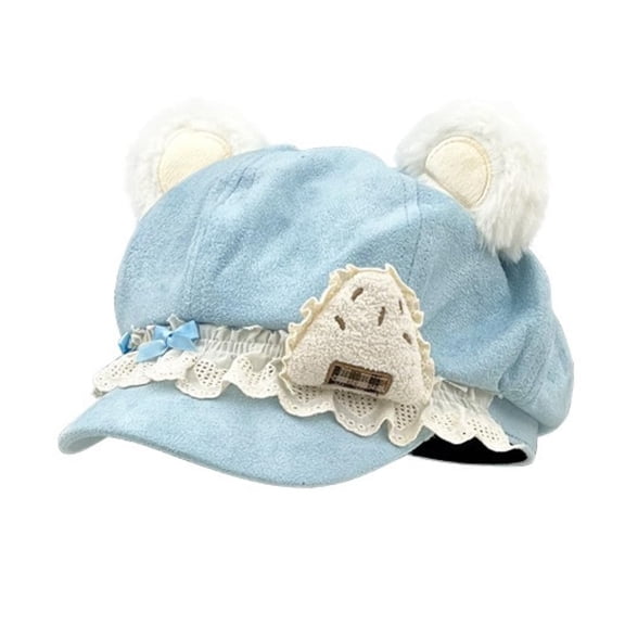 NMMUED Kawaii Bear Ear Newsboy Cap for Women Cute Baker Boy Hat Lace Trim Sweet Cabbie Cap Blue M
