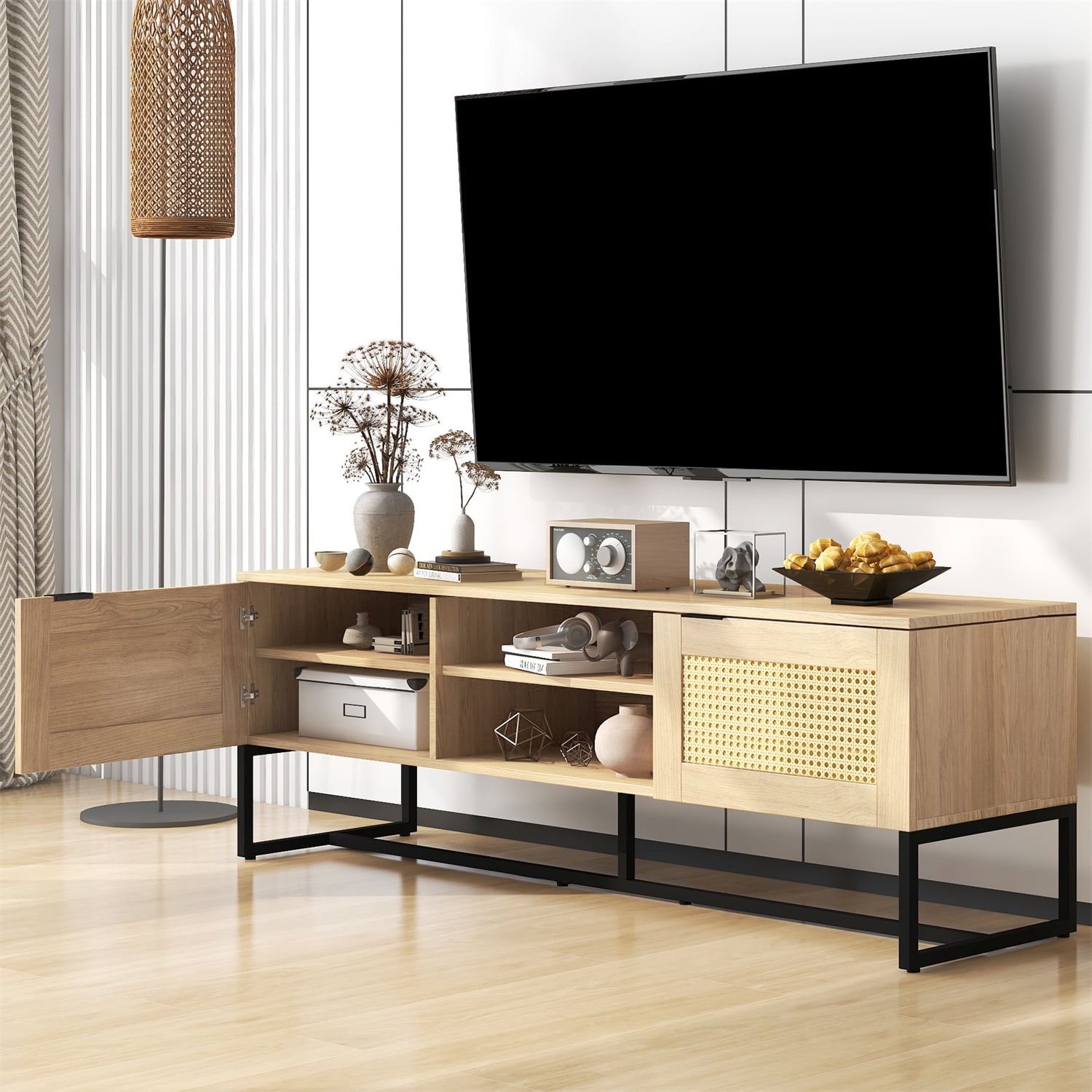 60 inch Wicker TV stand for TV up to 65 inch, Rattan Ornament Storage Console TV with