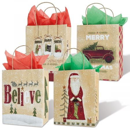 Christmas Folk Holiday Kraft Gift Bags- Set of 13 Christmas Gift Bags
