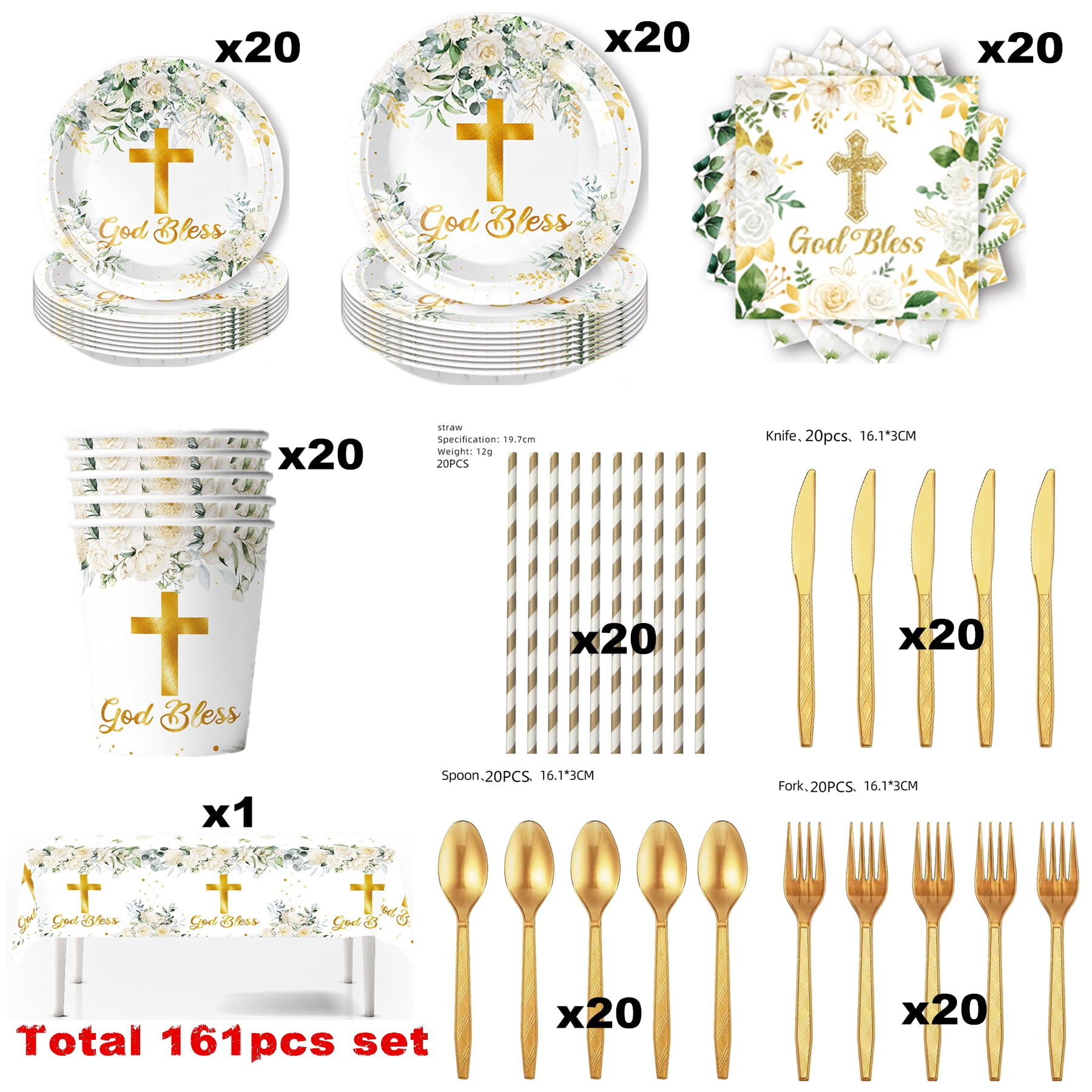 161 Pcs White God Bless Tableware Set, Baptism First Holy Communion Party Decorations Supplies for Newborn Baby Shower, Baptism Church Cross White Floral, Serves 20 Guests