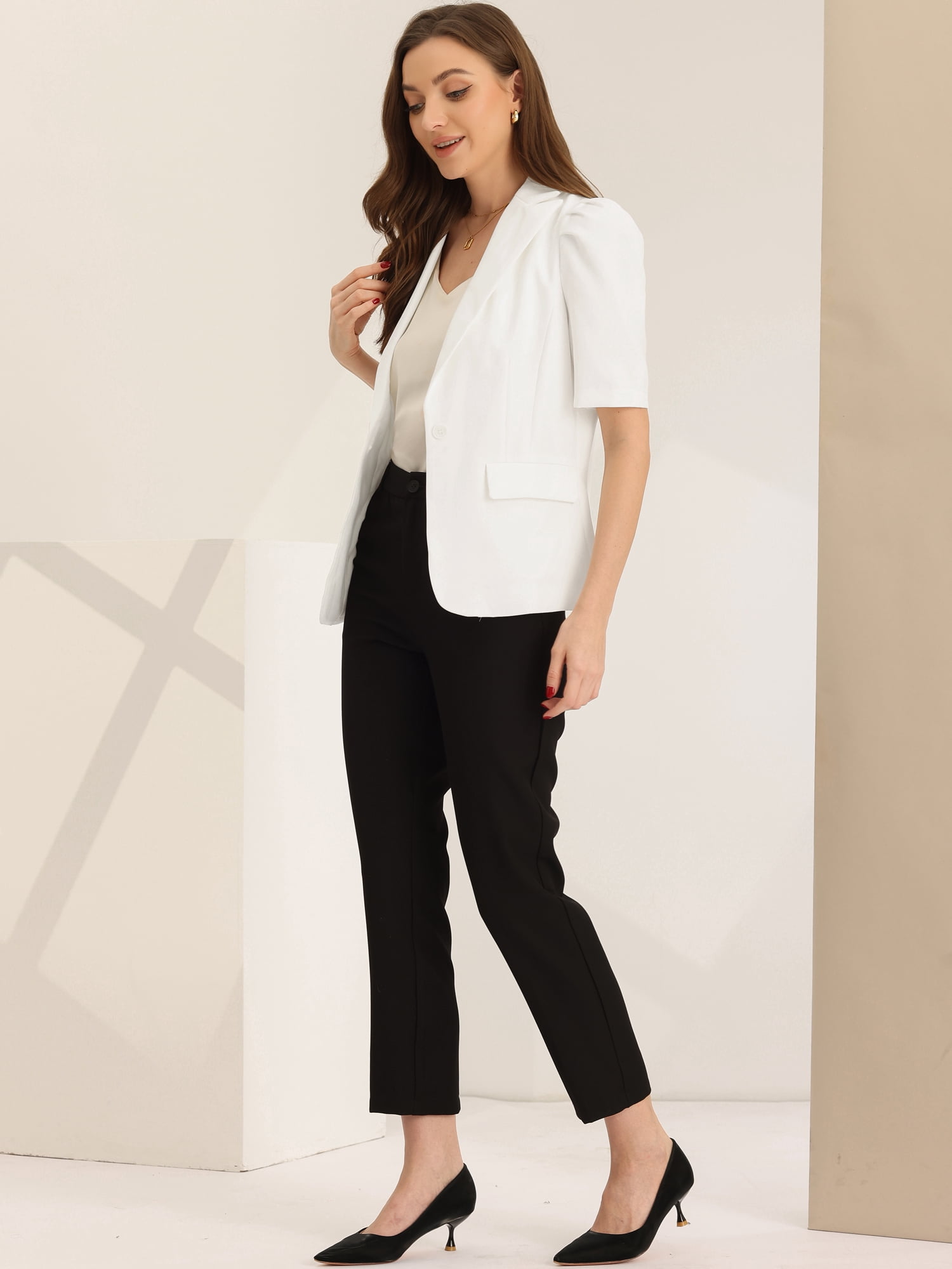 DARING DIVA Women's Lapel Collar Buttoned Summer Office Jacket S White