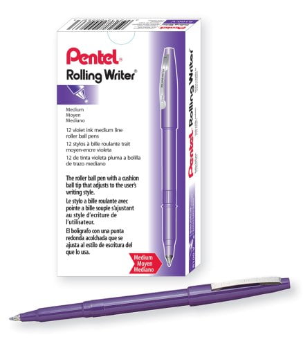 Pentel Rolling Writer Pen, 0.8 Millimeter Cushion Ball Tip, Violet Ink, Box of 12 (R100-V)