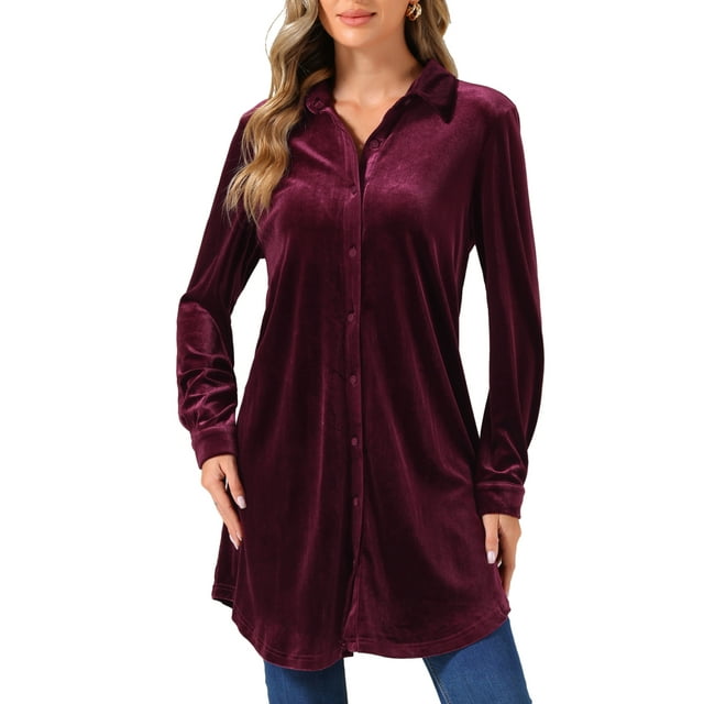 INSPIRE CHIC Women's Velvet Button Down T Shirts Swing Mini Dress Casual Long Sleeve Lapel Tunic Tops Dark Purple Red S