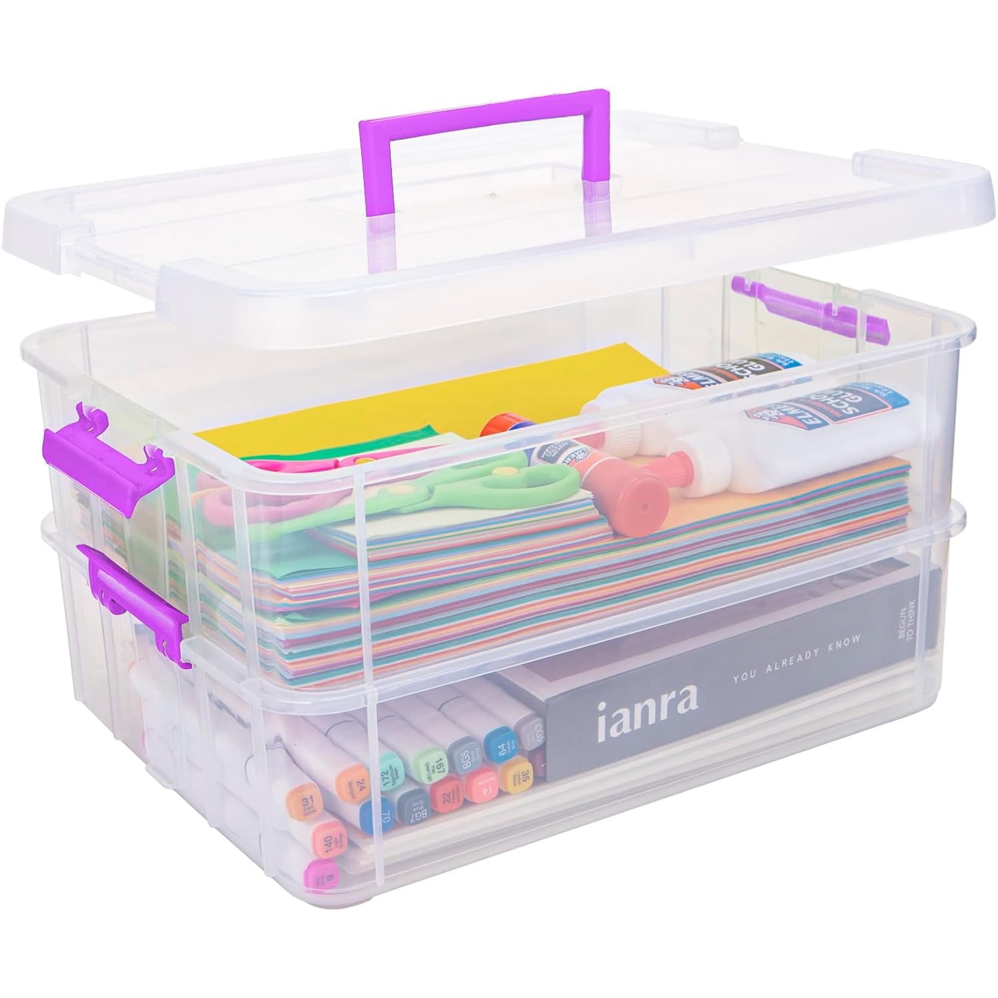 2 Layer Plastic Storage Containers with Multipurpose Clear Stack & Carry Box Portable Craft Organizers and Storage Bin for Organizing Art & Craft Sewing Makeup Supplies ()