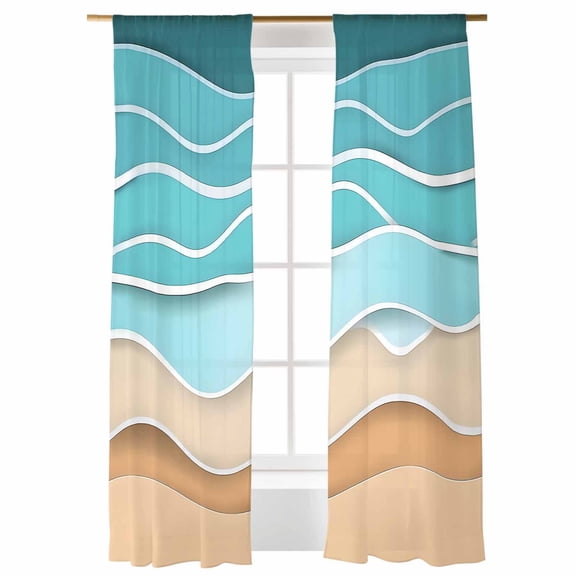 Sheer Curtains 96 inches Long, Turquoise Ripple Turquoise Gradient Abstract Line Light Filtering Sheer Window Curtains Rod Pocket Voile Drapes for Bedroom Living Room, 52"W x 96"L 2 Panels