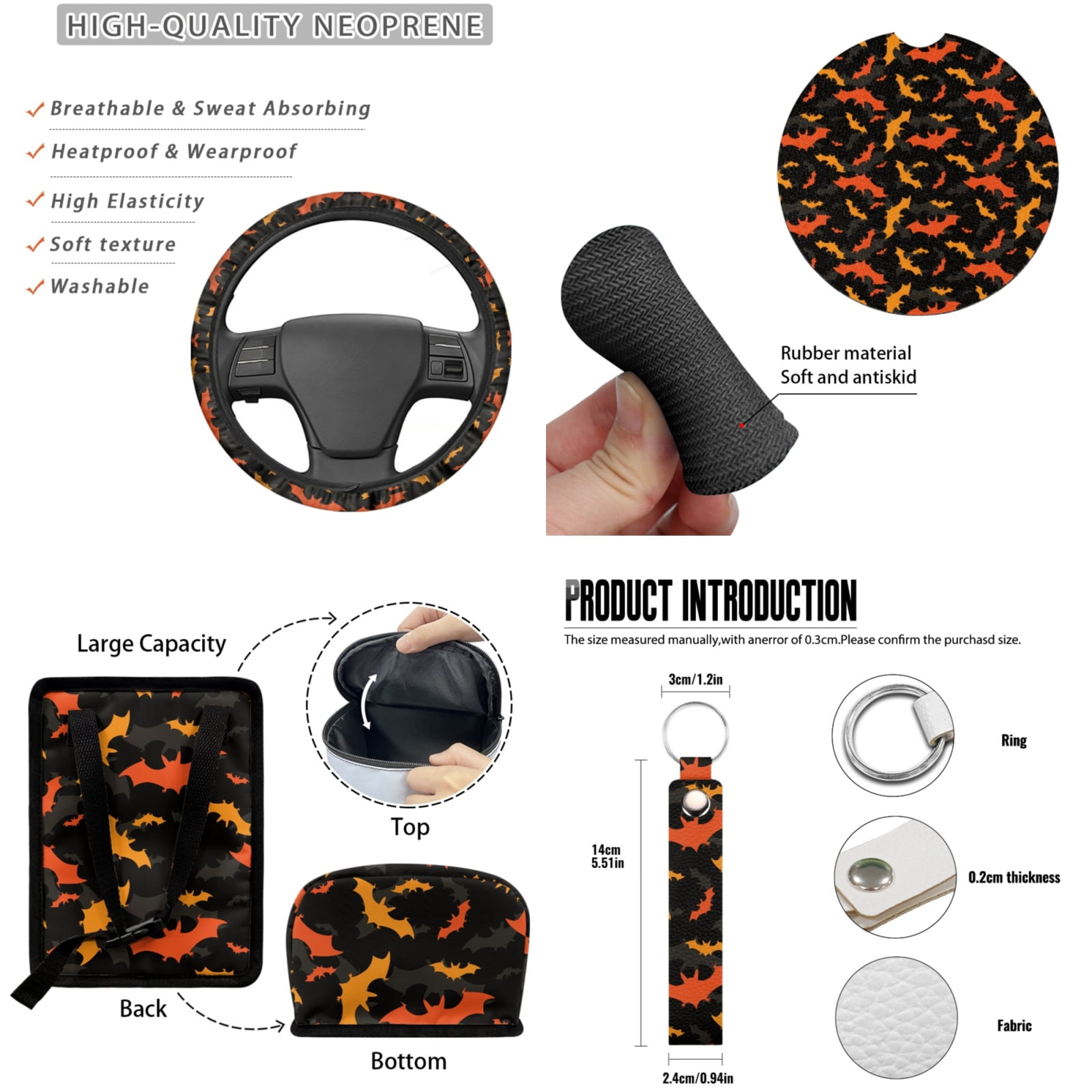Jeiento Bats Car Seat Covers Full Set of 13 with Car Steering Wheel Cover Seat Belt Pads Car Trash Can Auto Rear View Mirror Cover Car Coasters Chapstick Holder Keychain for Truck SUV
