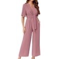 thumbnail image 3 of Solid Color V-Neck Casual Wide Leg Jumpsuit With Bownot, 3 of 5