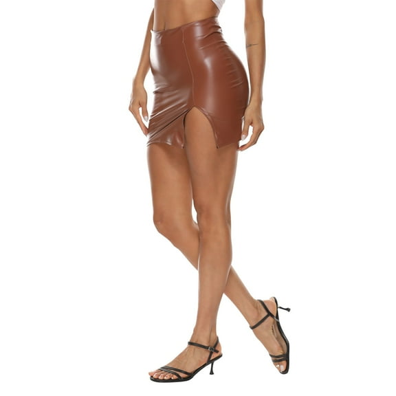 VUPSGEZ Women's Pu Skirt New Zipper Hip Skirt Asymmetrical Slit Leather Skirt Skirt (Brown,XXL)