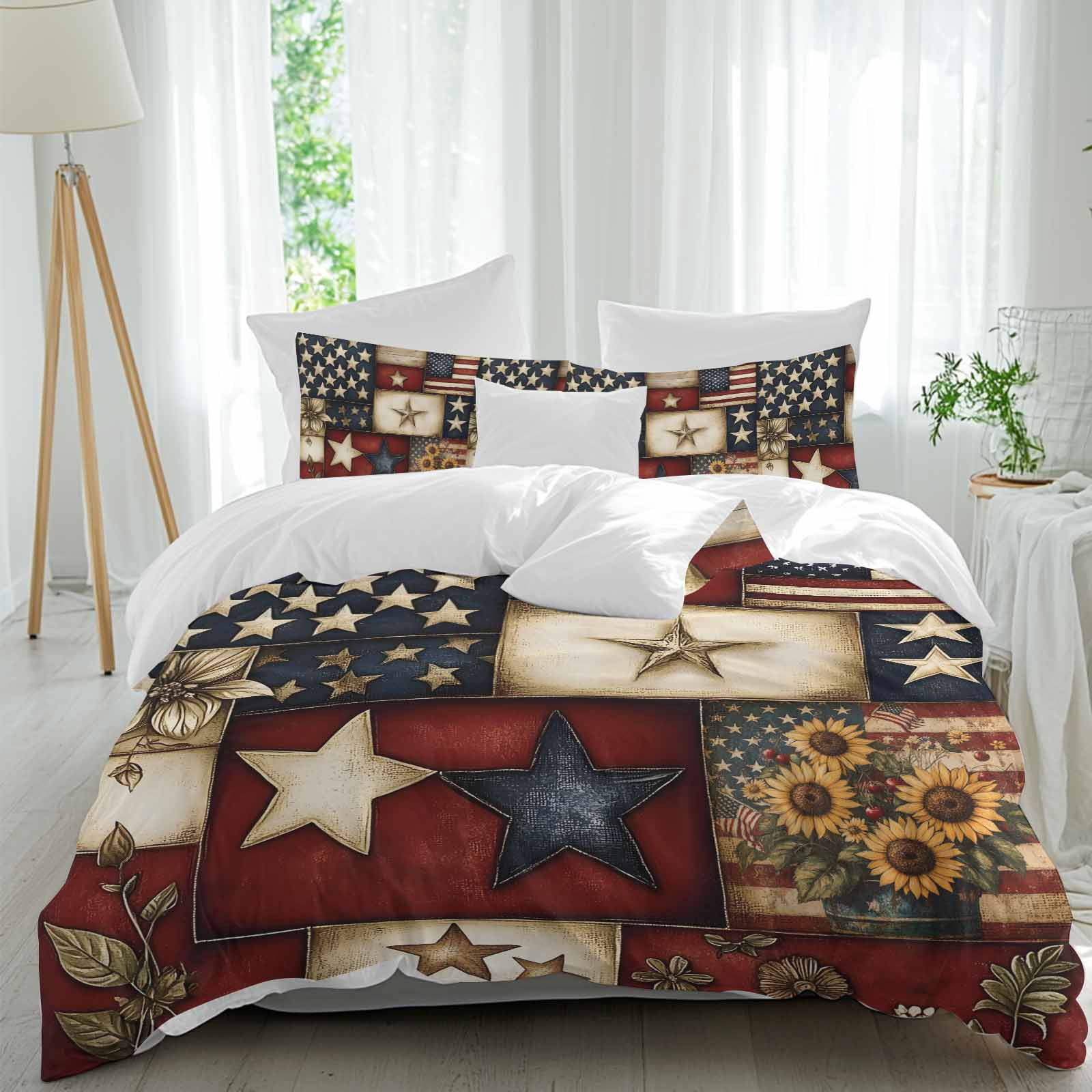 American Flag Bedding 3 Piece Duvet Cover Set California King, Texas Star Farmhouse Sunflowers Blue Red Soft Microfiber Comforter Cover with Zipper Closure & Pillowcases, FadeResistant Quilt Cover