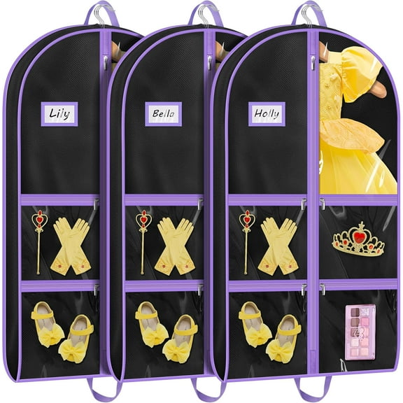 Dance Garment Bags for Dancers with 4 Pockets Garment Bags for Dance Costumes 40" Cheer Uniform Garment Bag Hanging Kids Garment Bag for Recital, Competition, Travel, Storage (3, Black)