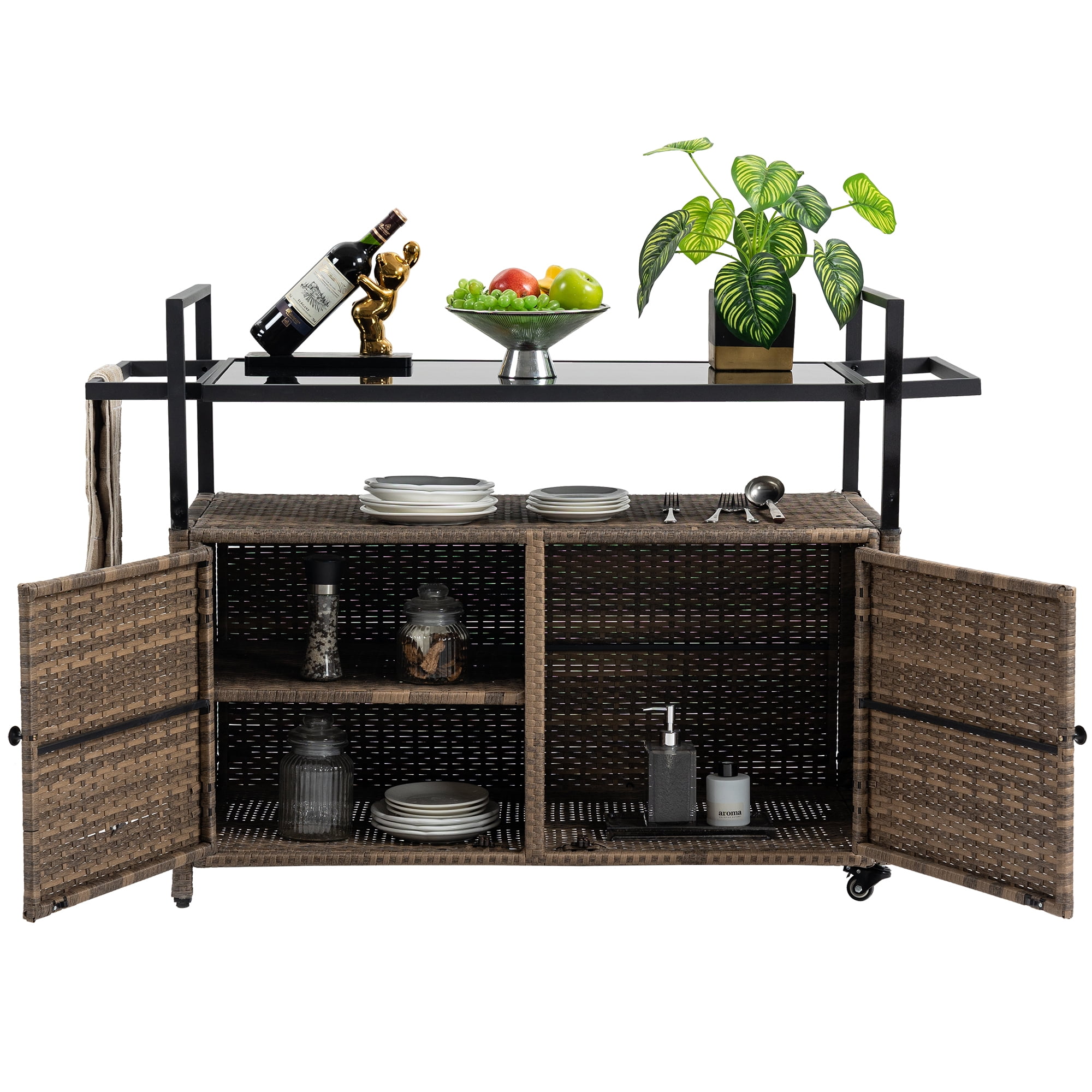 Euroco Outdoor Bar Serving Cart with Glass Top, 2-Tier Storage, Durable Metal Frame, 360° Lockable Wheels, Patio Beverage & Utility Trolley