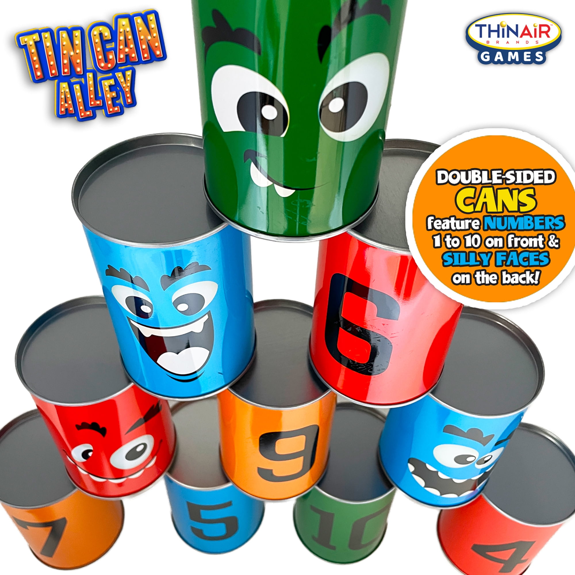 Thin Air Games: Tin Can Alley - Classic Carnival-Themed Bean Bag Toss Game, 10 Silly-Faced Cans & 3 Bags, In-Outdoor Fun, Family & Kids, 2-4 Players