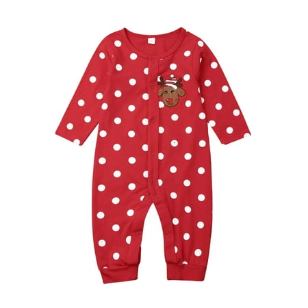 

jaweiw Newborn Baby Christmas Pajamas Romper Long Sleeve Round Neck Fawn Embroidered Polka Dot Print Jumpsuit Sleepwear