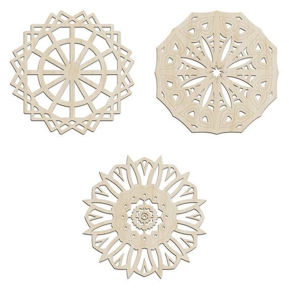 Mandala Wooden Wall Art Set of 3, Royal Structure Floral Shapely Motif, Birch Wood Plywood Rustic Wall Art Accent for Hallway Bedroom Living Room and Offices, 11.4" X 11.4" X 0.1", by Ambesonne