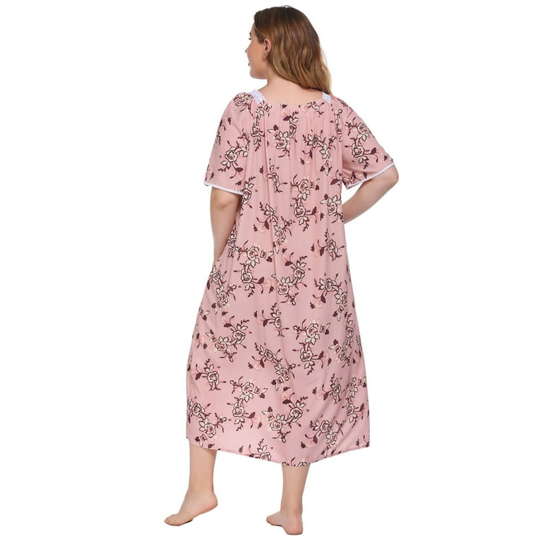 WBQ Plus Size Nightgowns for Women Soft Sleepwear Floral House Dress Short  Sleeve Comfy Night Dress for Ladies Pink 2XL 