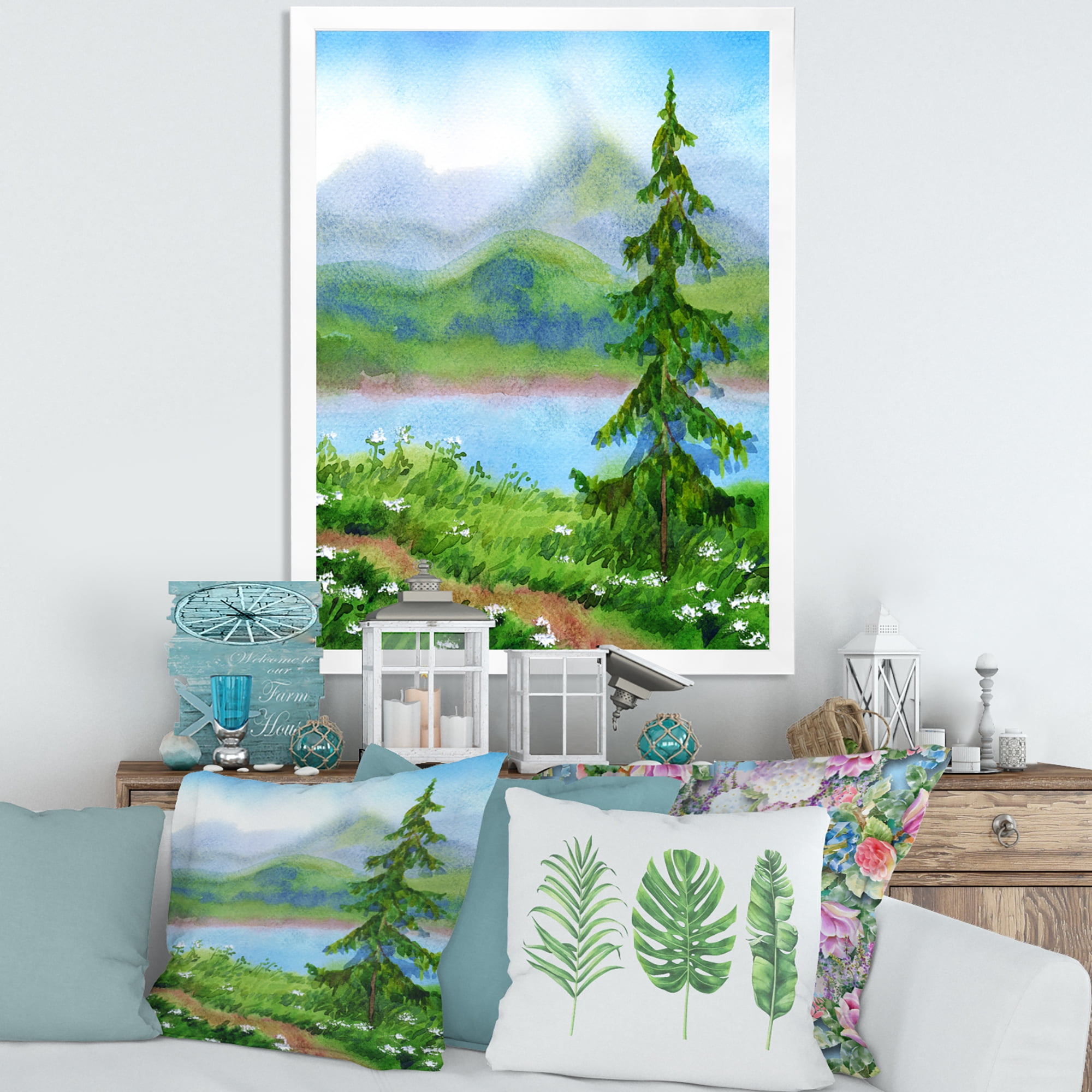 Designart 'Landscape River Spruce Near The Trail On A Hill' Traditional Framed Art Print