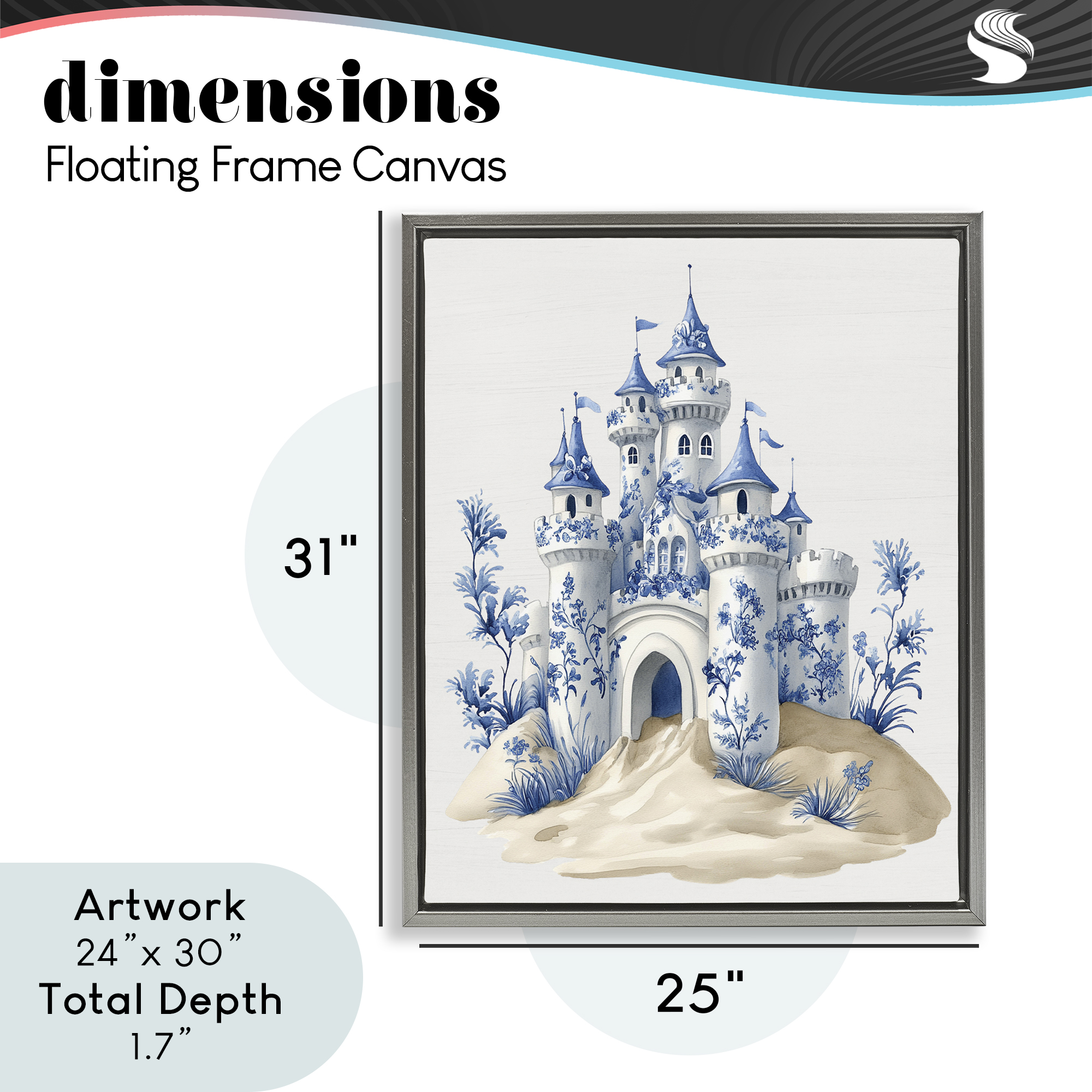 Funky Toile Castle Gray Framed Floater Canvas Wall Art, design by Lettered and Lined