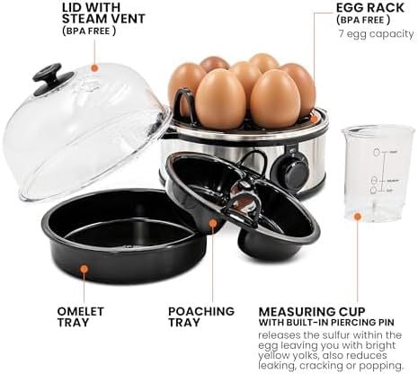 EGC724SS Easy Electric Poacher, Omelet Eggs & Soft, Medium, Hard-Boiled Egg Boiler Cooker with Auto Shut-Off and Buzzer, Measuring Cup Included, BPA Free, 7, Stainless Steel