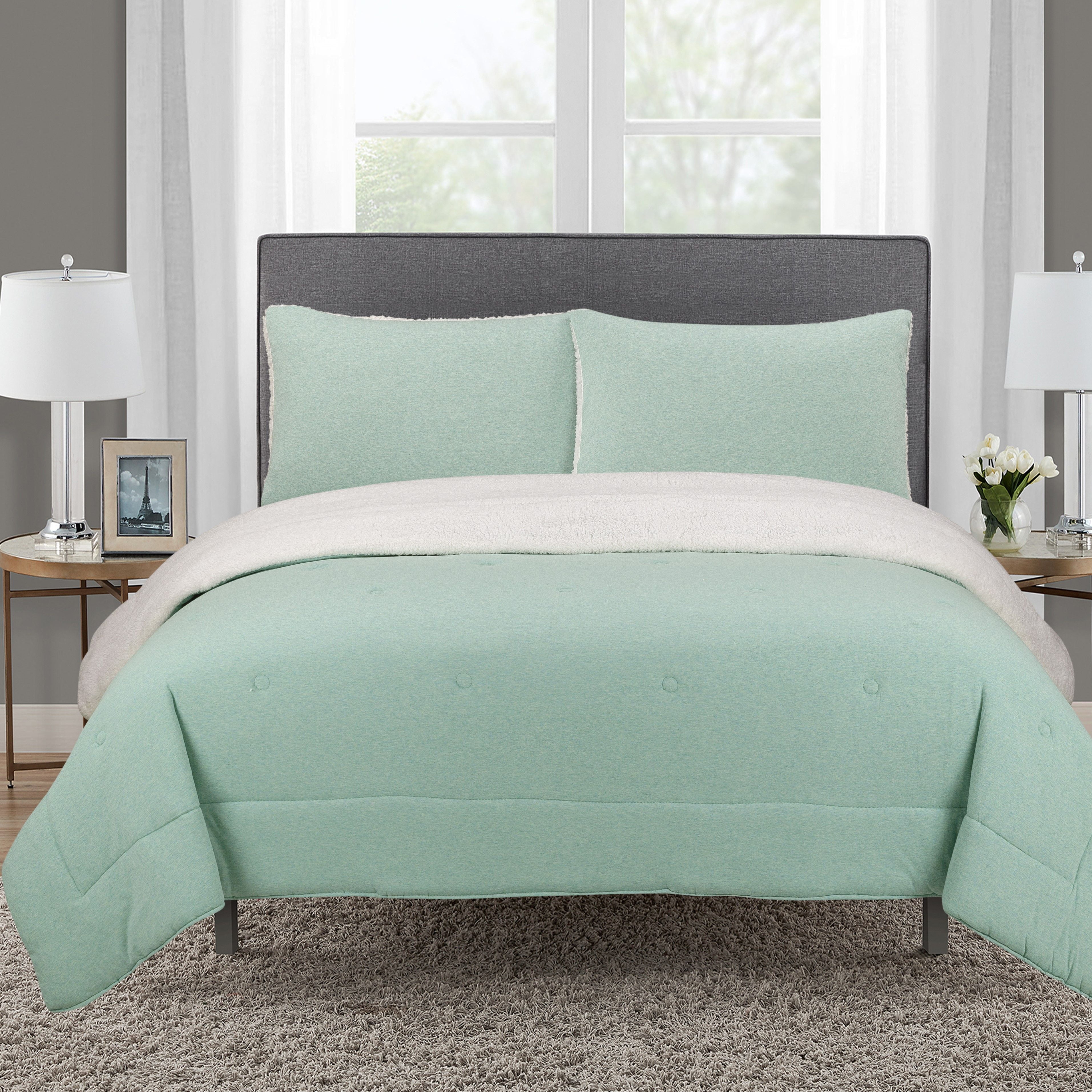 Mainstays Jersey Sherpa Comforter Set, Mint Green Queen Bedspread